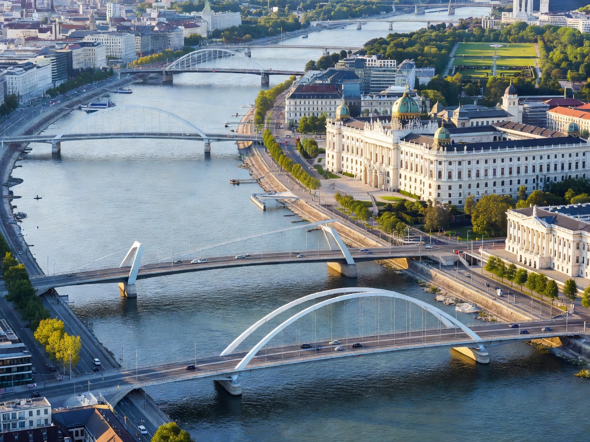 Aerial view of Vienna waterfront along the Danube river with modern bridges and imperial architecture