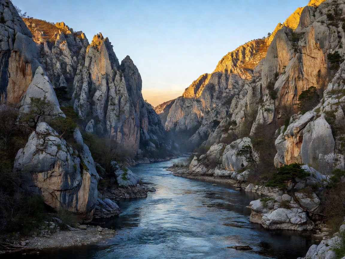 Dramatic limestone cliff gorge of the Iron Gates on the Danube border between Serbia and Romania