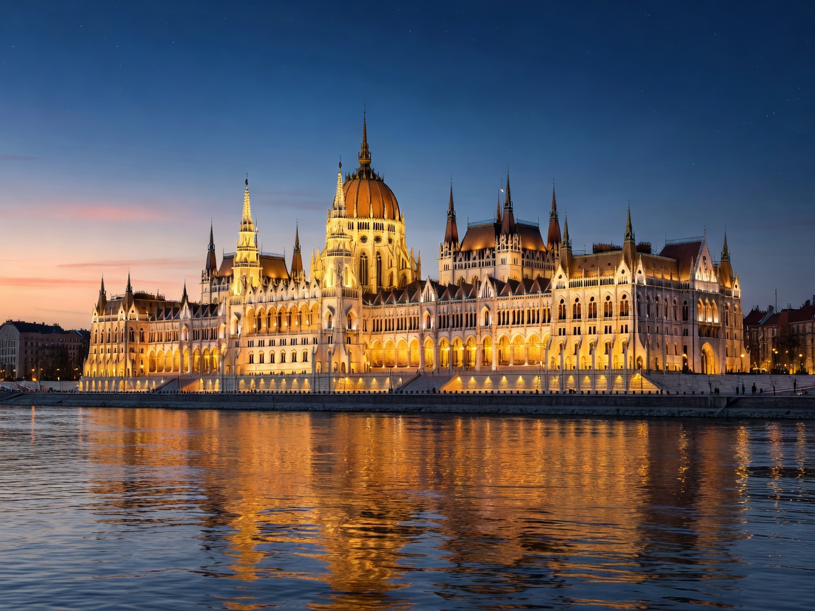 Panoramic night view of the illuminated Hungarian Parliament building on the banks of the Danube in Budapest
