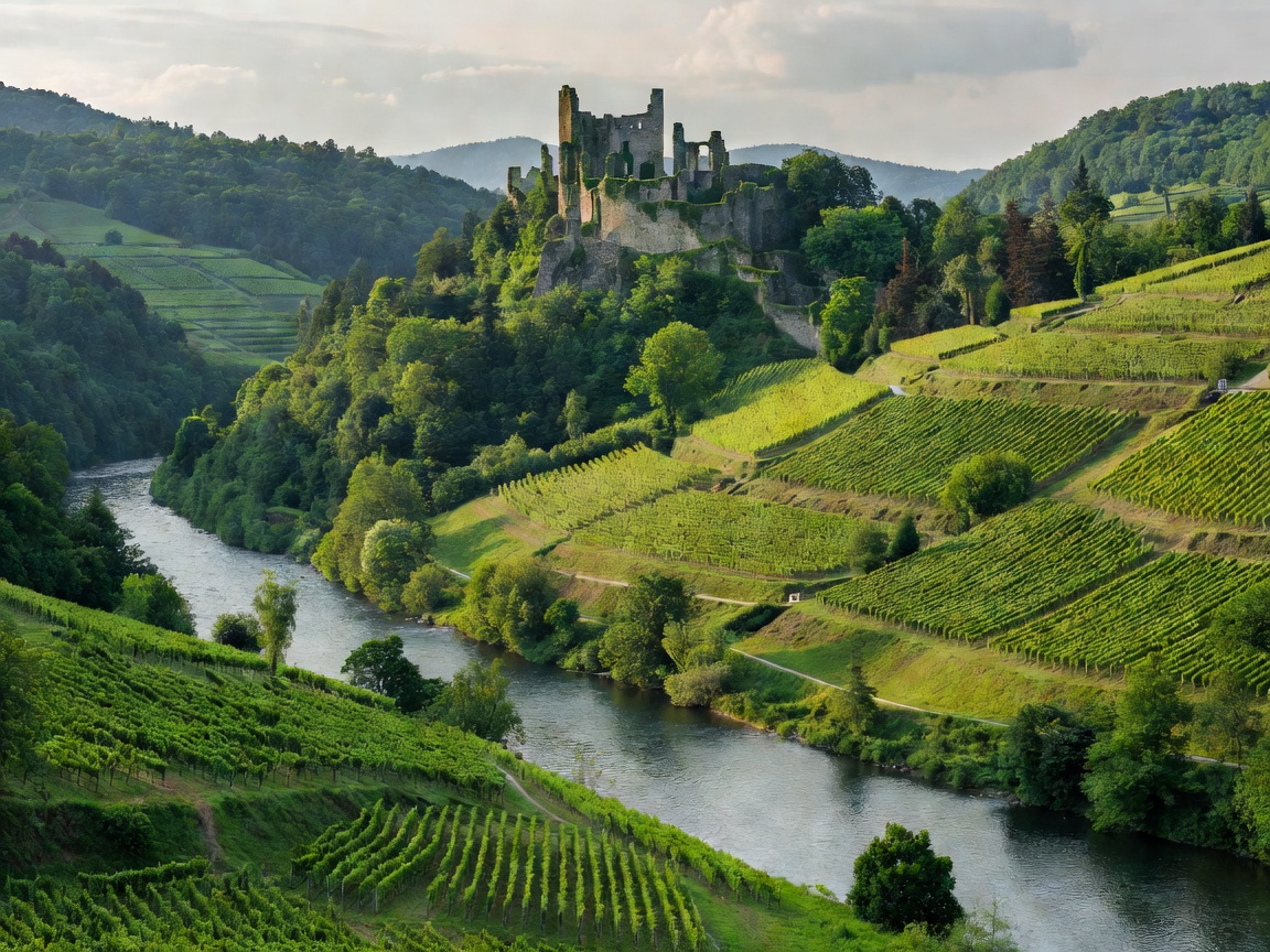 Lush green river valley with medieval castle ruins and terraced vineyards in Wachau Valley