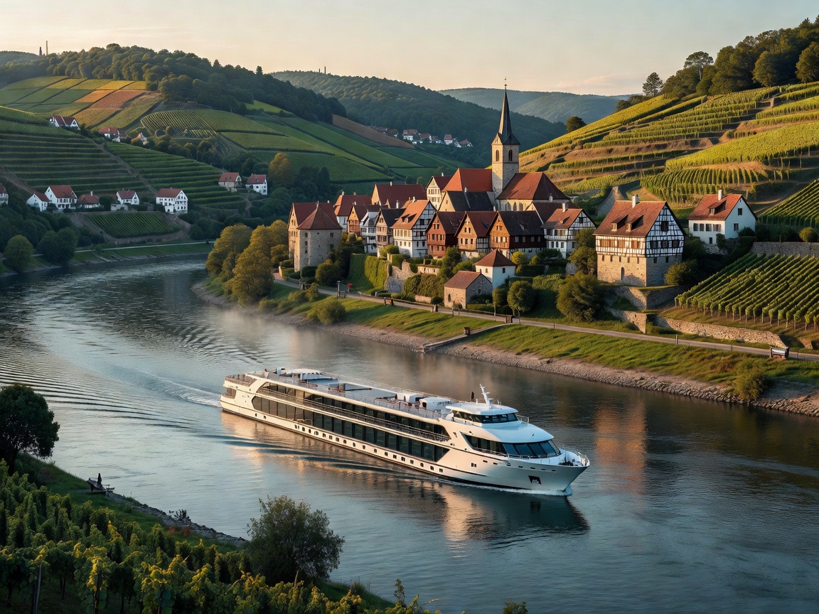 River cruise ship sailing calmly along scenic European river banks