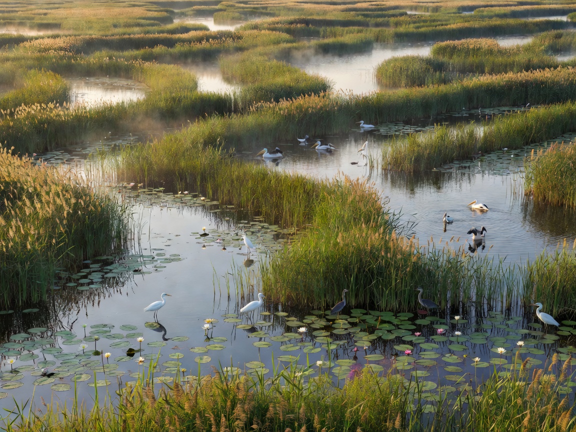 Untouched serene wetland channels in the Danube Delta with water lilies and morning mist